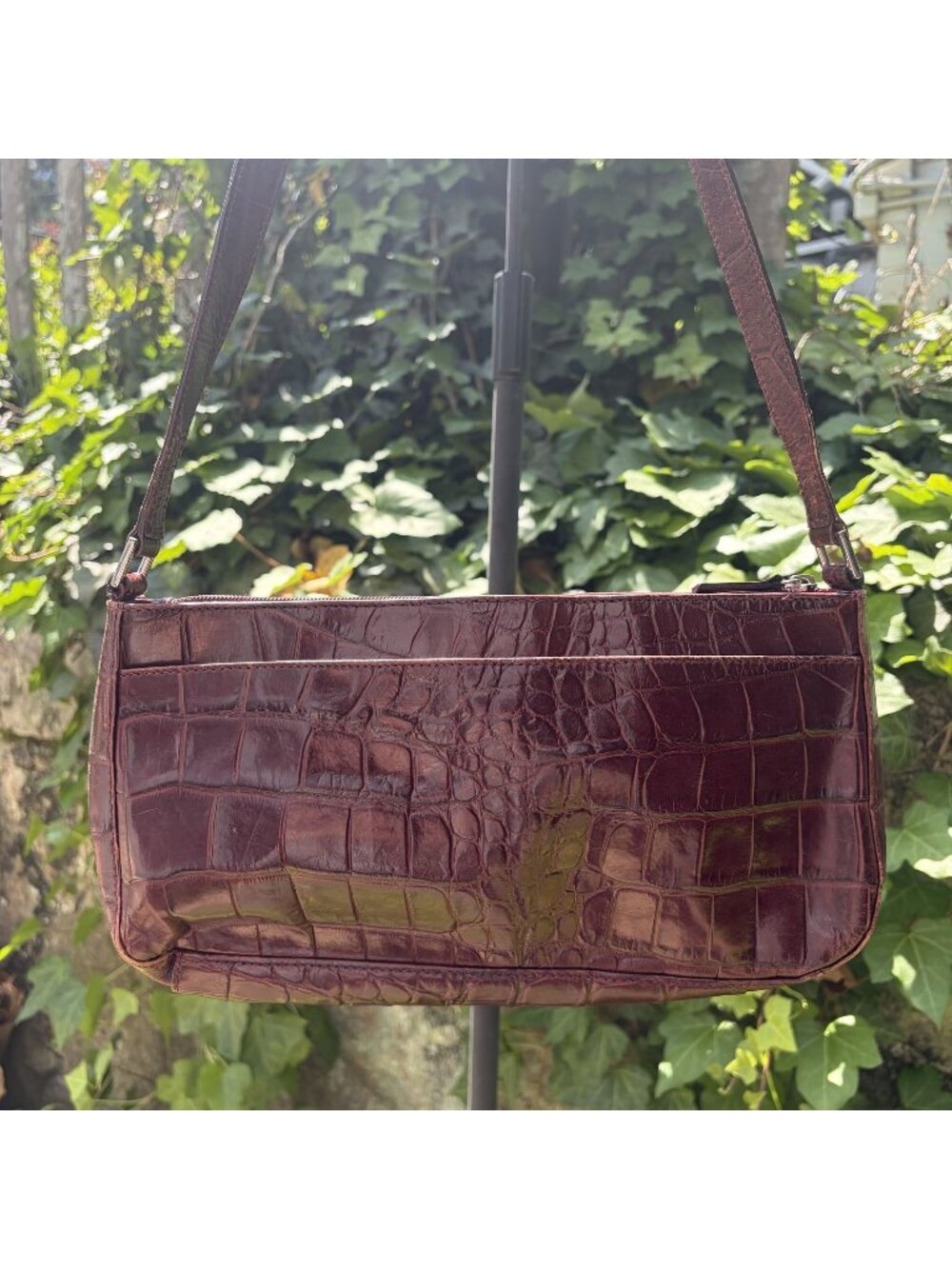 VTG Aigner Crocodile Embossed Leather Shoulder Bag Brown Mini Baguette Purse 90s